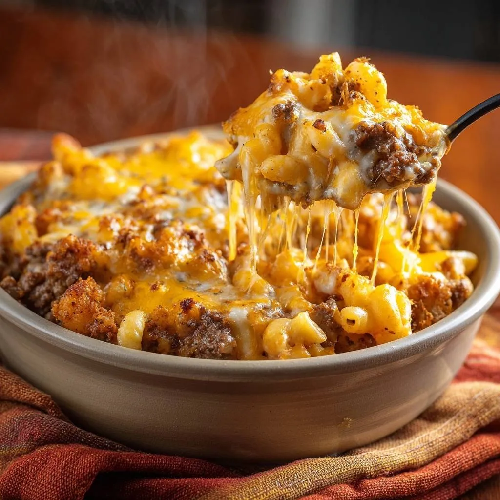 Cheesy beef mac and cheese with smooth sauce, a spoonful being lifted showing strings of melted cheese.