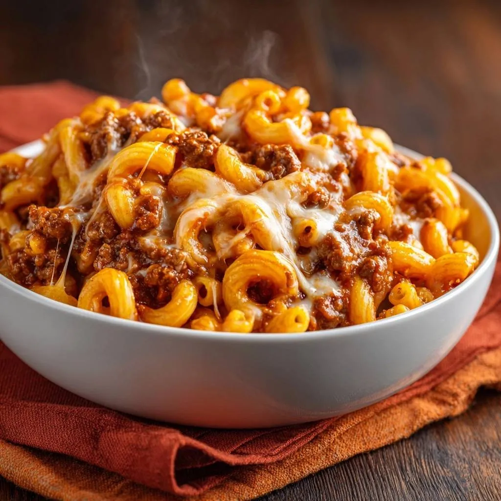 Cheesy beef macaroni with melted cheese and steam rising, showcasing a hearty portion in a white bowl.