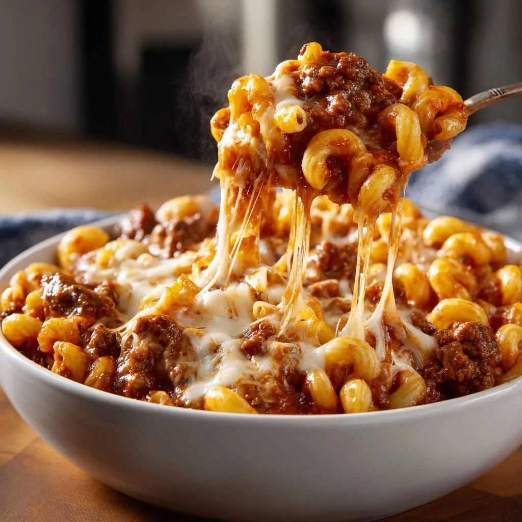 Cheesy beef macaroni with a spoonful lifting out, showcasing a dramatic cheese pull and steaming hot pasta.
