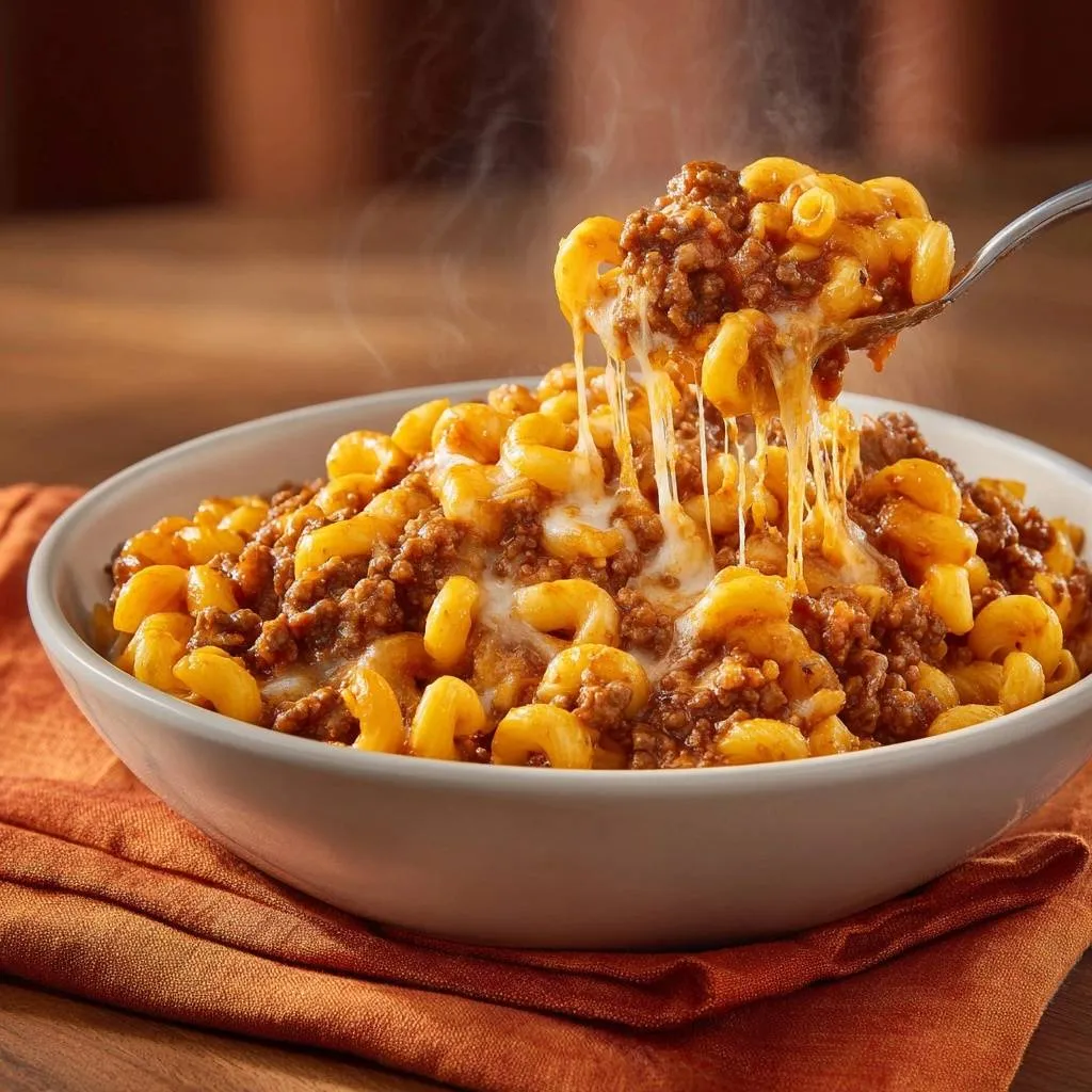 Cheesy beef macaroni with a spoonful pulling away, showing melted cheese strings.