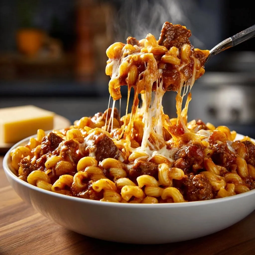 Cheesy beef macaroni with juicy beef scooped onto a spoon, showing a gooey cheese pull.