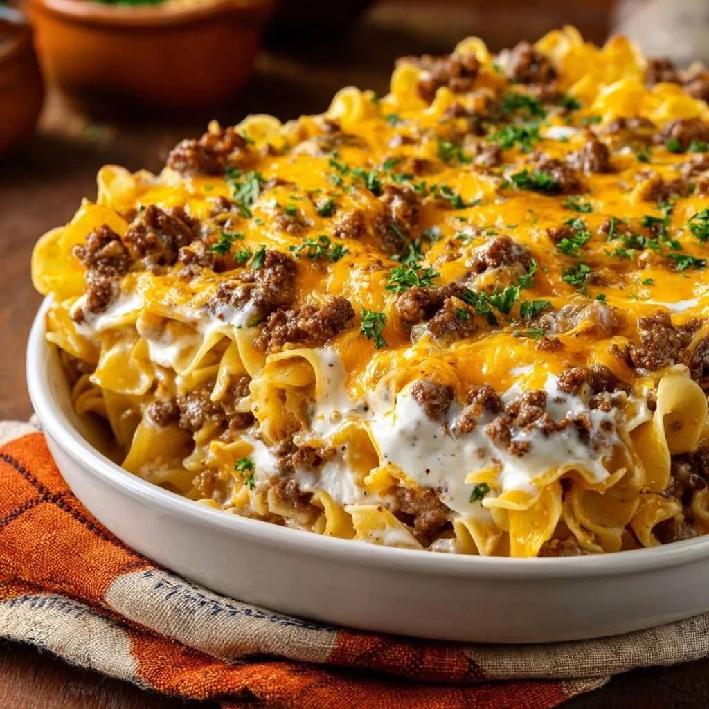 Cheesy beef noodle casserole with perfect al dente noodles shown in a close-up, top-down view with fresh parsley garnish.
