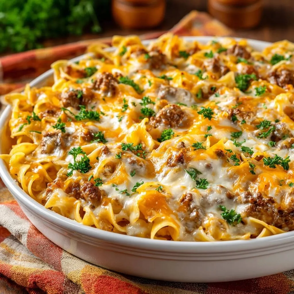 Cheesy beef noodle casserole with al dente noodles and fresh parsley garnish, shown in a close-up top view.