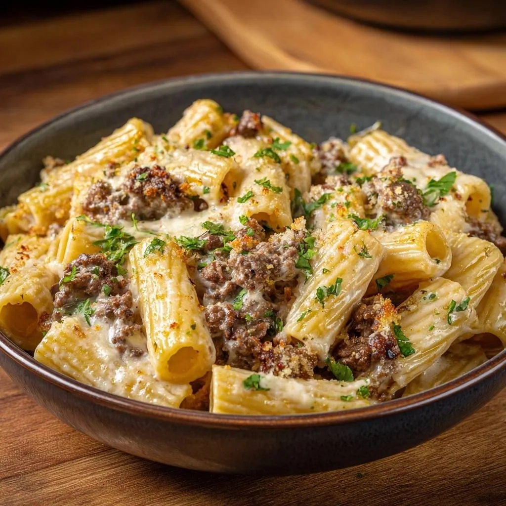 Cheesy beef rigatoni bake served in a dark bowl, featuring a close-up view of the pasta and meat sauce.