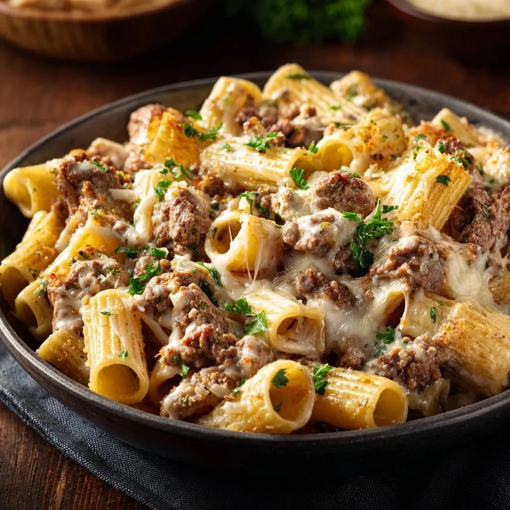 Cheesy beef rigatoni bake shown in a close-up view with melted cheese and fresh parsley garnish.