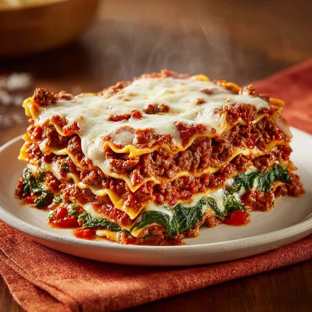 Cheesy beef spinach lasagna cross-section revealing layers of pasta, meat sauce, and spinach with melted cheese topping.