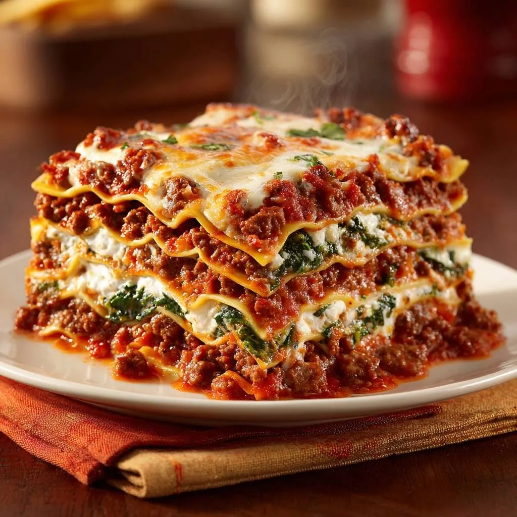 Cheesy beef spinach lasagna revealing its steaming layers in a close-up cross-section view.