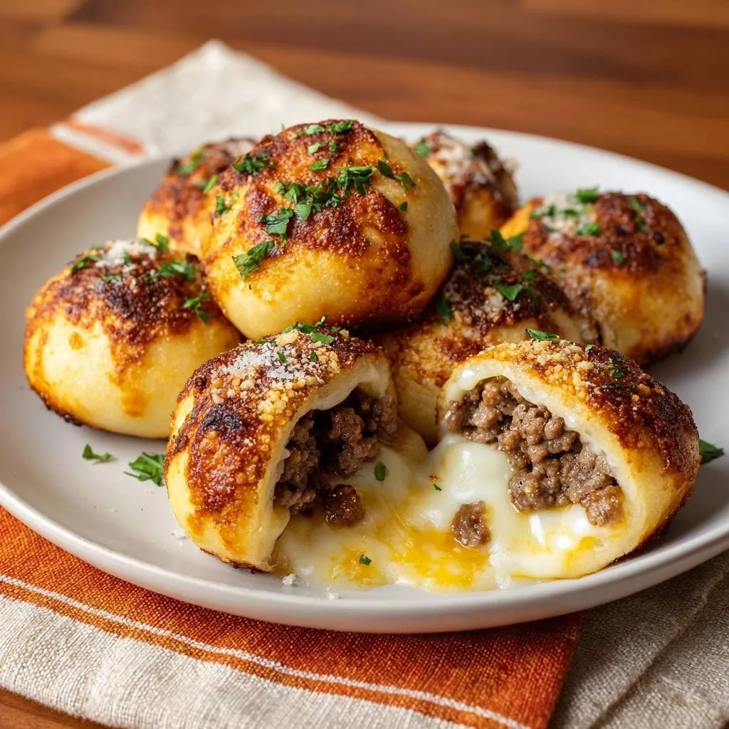 Cheesy beef stuffed buns cross-section showing gooey melted cheese and savory filling inside golden-brown dough.