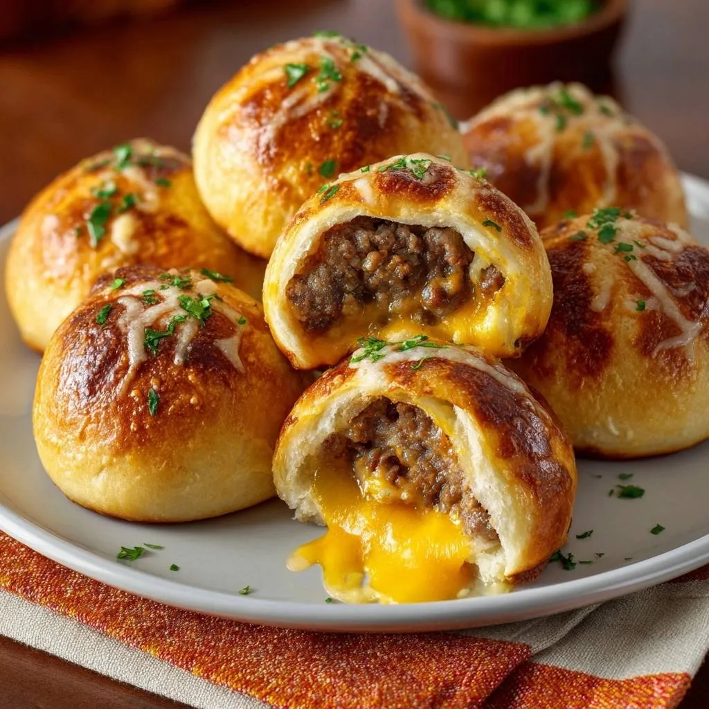 Cheesy beef stuffed buns shown in a close-up cross-section revealing gooey melted cheese oozing out.