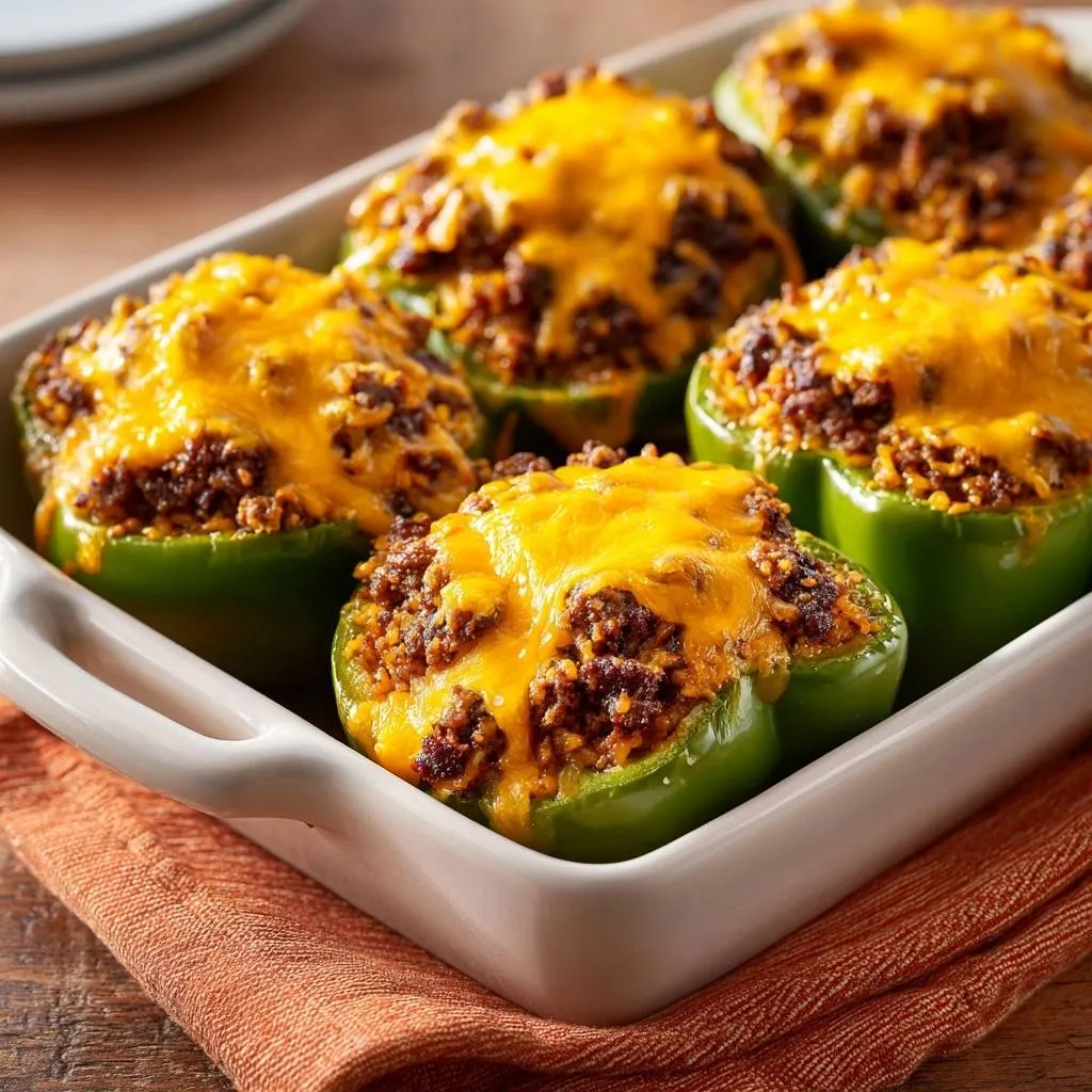 Cheesy beef stuffed peppers baked in a white dish, topped with melted cheddar cheese and a hearty meat and rice filling.