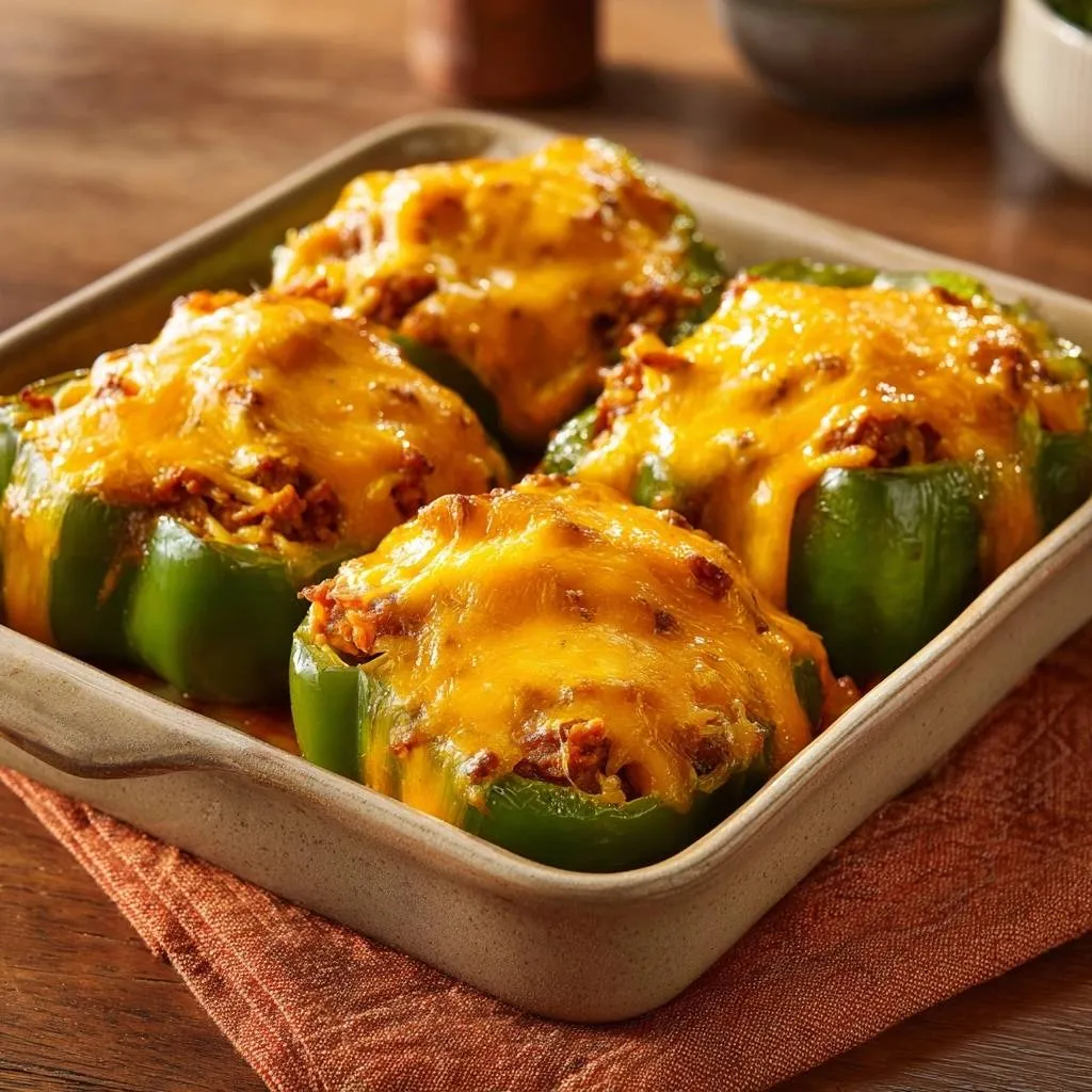 Cheesy beef stuffed peppers baked in a tan ceramic dish, showing a golden melted cheese topping.