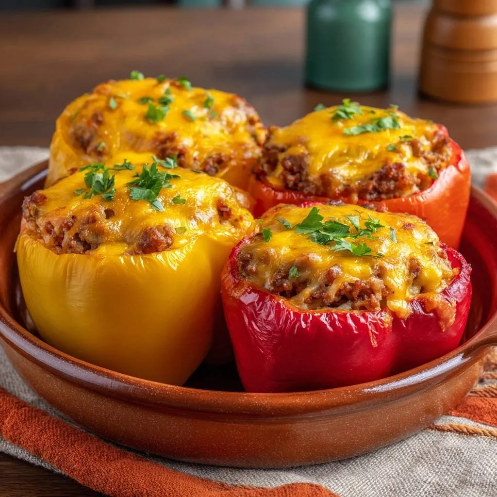 Cheesy beef stuffed peppers shown in a rustic bowl, garnished with fresh parsley.