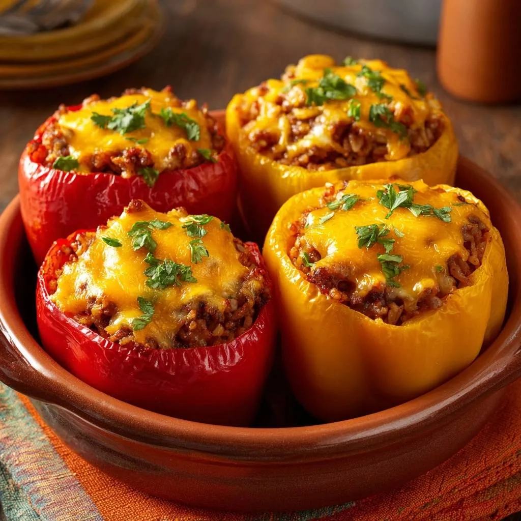 Cheesy beef stuffed peppers featuring a close-up view of melted cheddar cheese and fresh parsley topping.