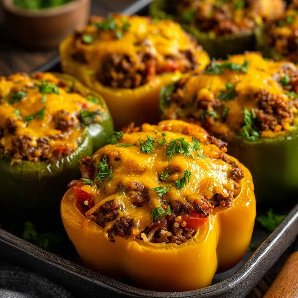 Cheesy beef stuffed peppers with melted cheddar cheese and parsley garnish, shown in a close-up view.