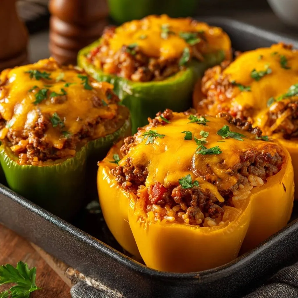 Cheesy beef stuffed peppers shown in a close-up view, highlighting the melted cheese topping and fresh parsley garnish.