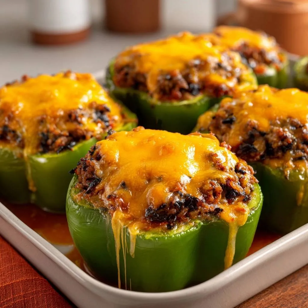 Cheesy beef stuffed peppers with melted cheddar cheese dripping down the sides, presented in a baking dish.