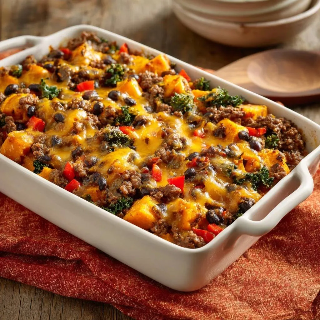 Cheesy beef sweet potato casserole in a white baking dish, showing the cheesy, savory topping and colorful ingredients.