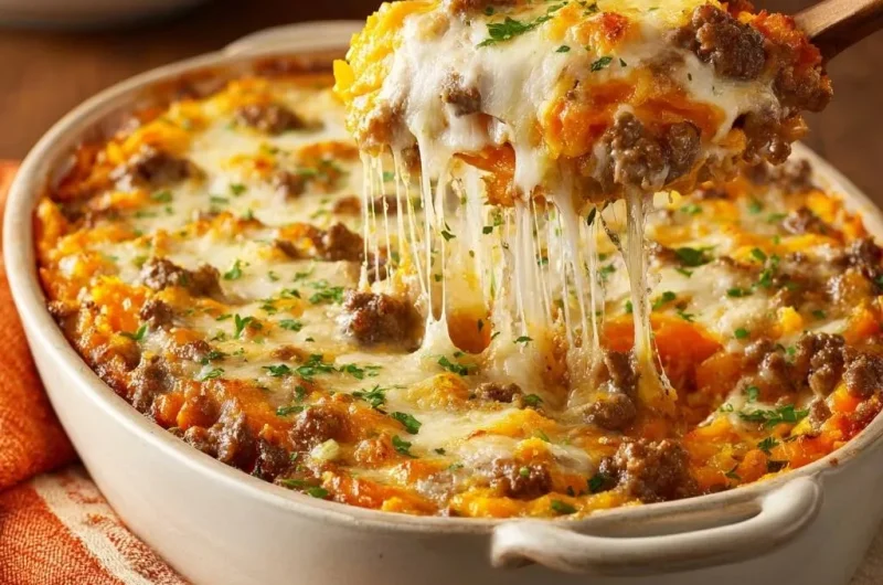Cheesy Beef Sweet Potato Casserole