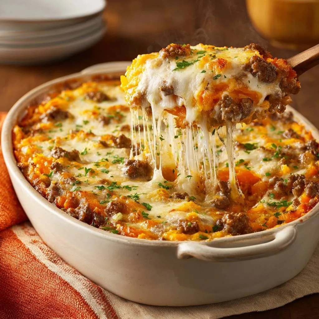 Cheesy beef sweet potato casserole with a generous serving being lifted, showing long strings of melted cheese.