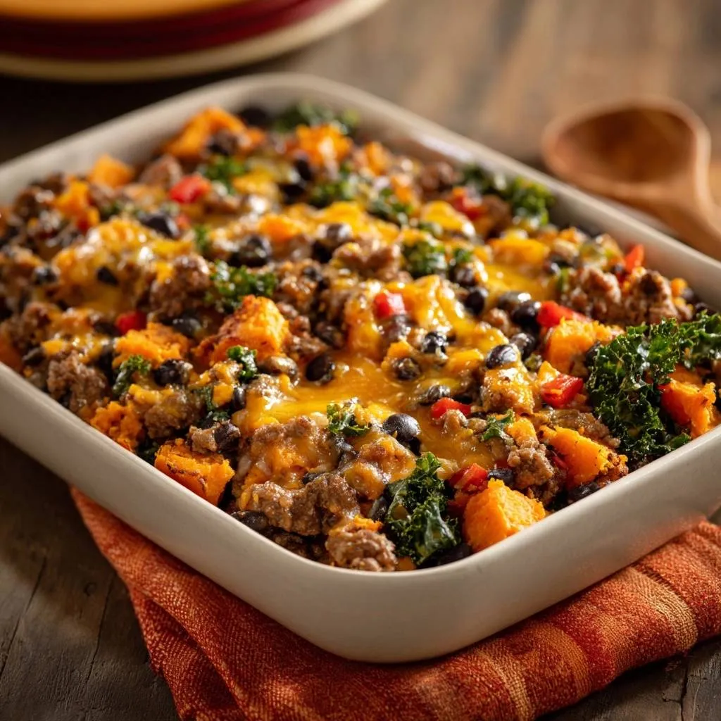 Cheesy beef sweet potato casserole shown as a close-up in a white baking dish, with melted cheese and fresh kale.
