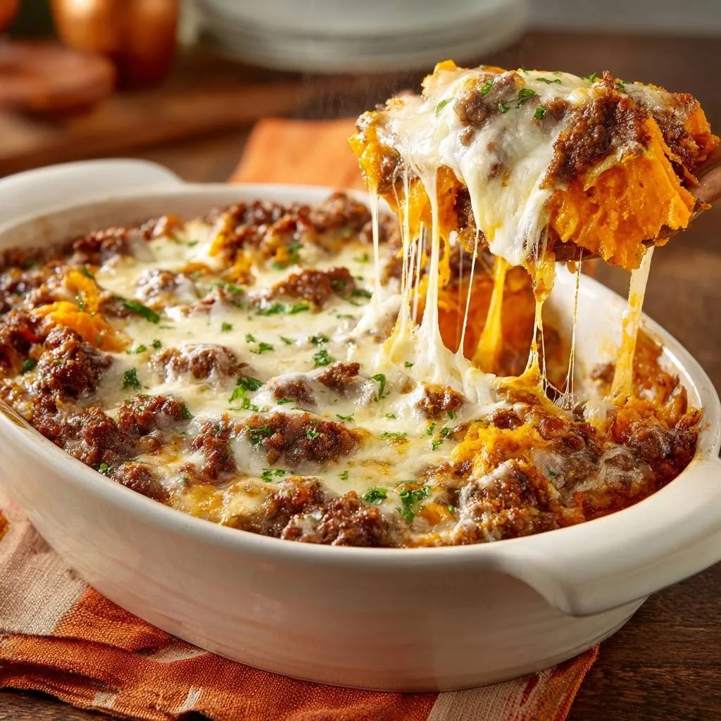 Cheesy beef sweet potato casserole with a serving being lifted, showing melted cheese strings.