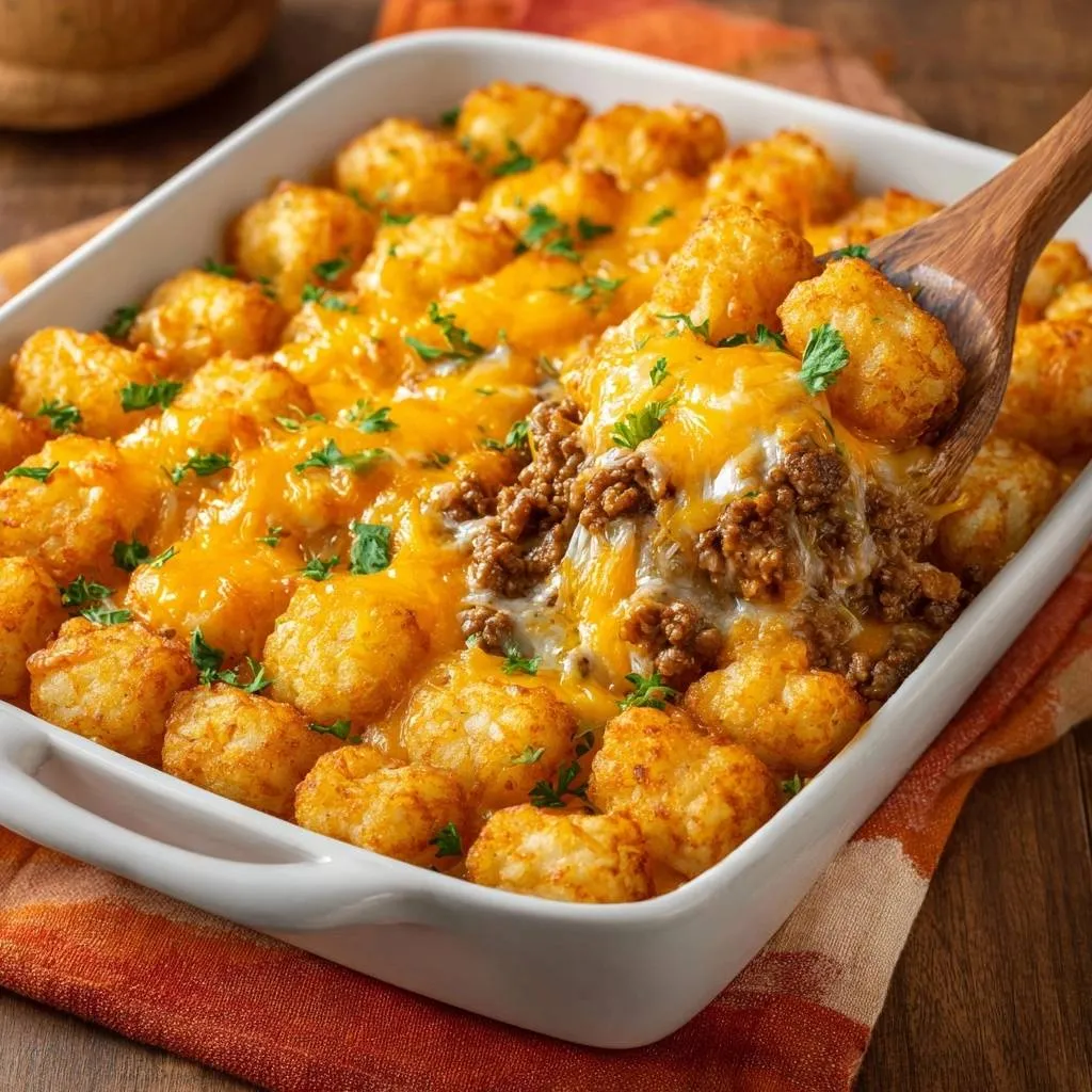 Cheesy beef tater tot casserole with ultra-crispy tots being served with a wooden spoon.