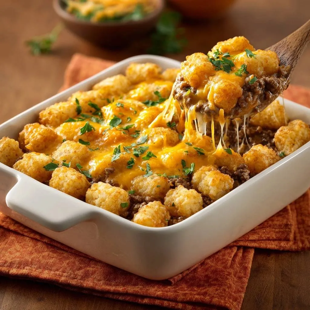 Cheesy beef tater tot casserole with a spoonful being lifted, showing melted cheese strings.
