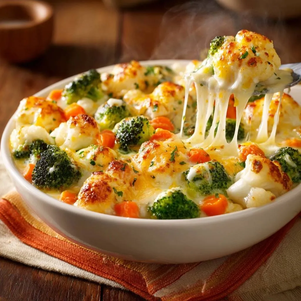 Cheesy broccoli cauliflower carrot bake recipe with a fork lifting a piece showing a gooey cheese pull.