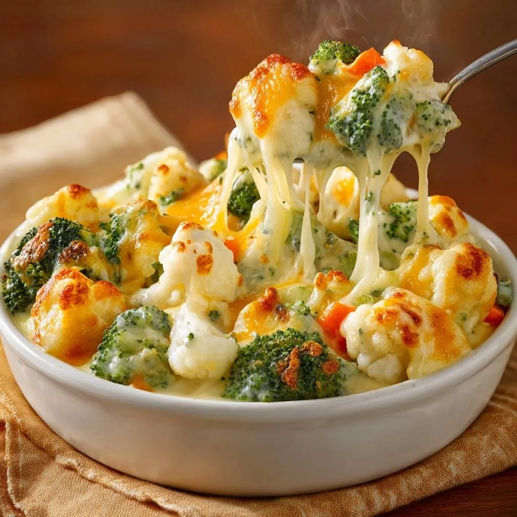 Cheesy broccoli cauliflower bake with a generous gooey cheese pull captured on a spoon.