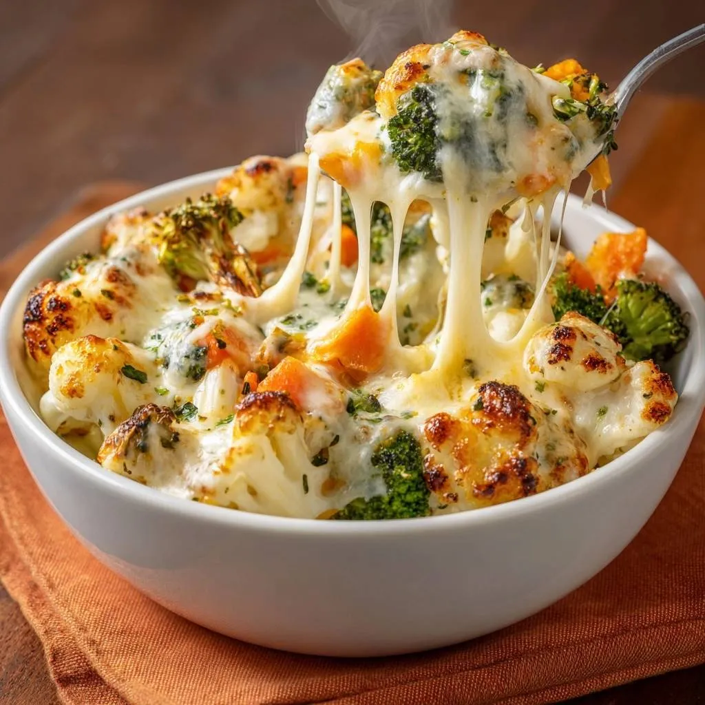 Cheesy broccoli cauliflower bake with a dramatic stretchy cheese pull captured as it's lifted from the bowl.