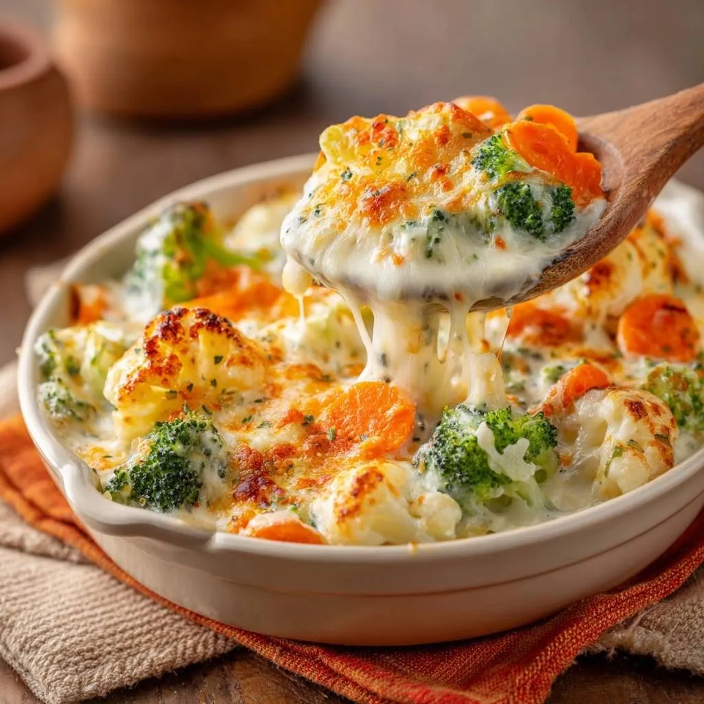 Cheesy broccoli cauliflower carrot bake with a spoonful of melted cheese being lifted out of the dish.