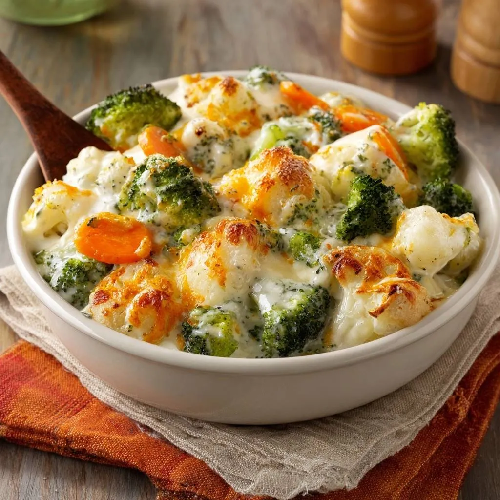 Cheesy broccoli cauliflower carrot bake shown up close in a white serving dish with a wooden spoon.