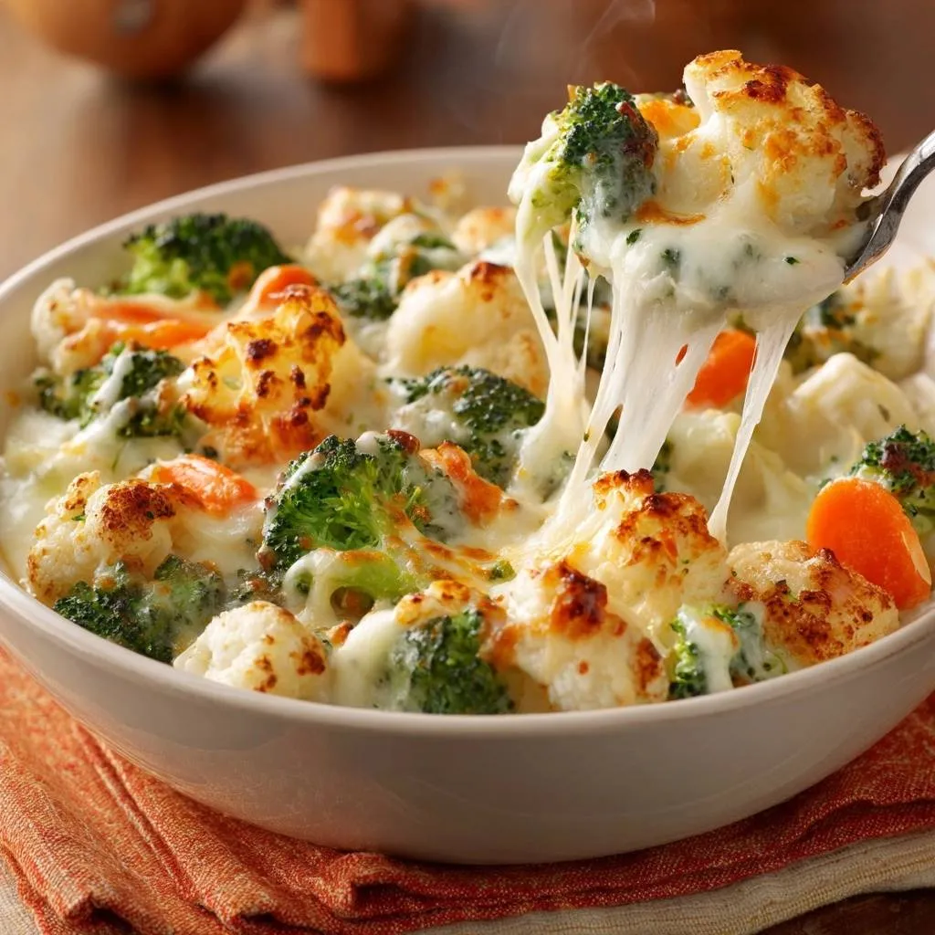 Cheesy broccoli cauliflower carrot bake with a spoonful lifting strings of melted cheese.
