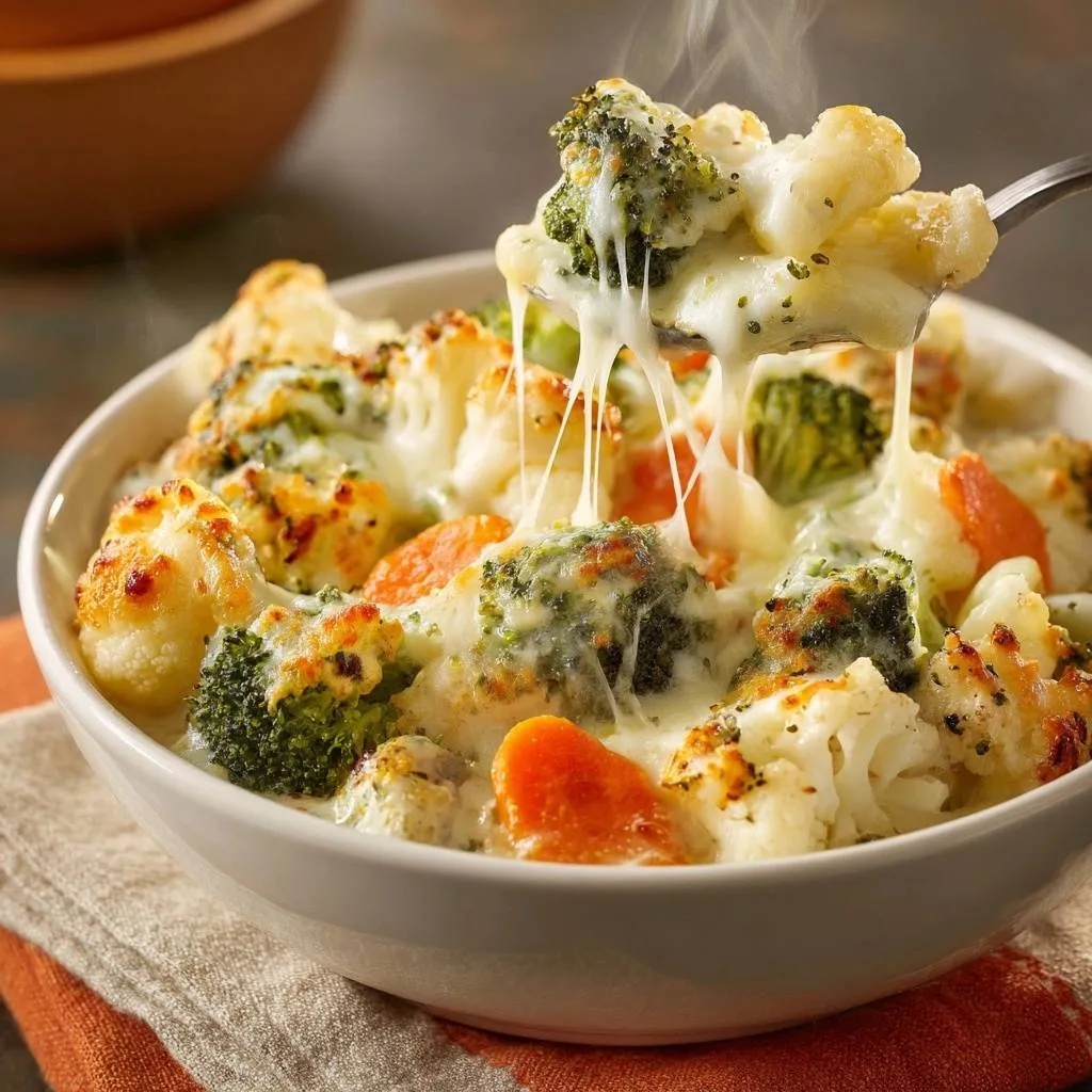 Cheesy broccoli cauliflower carrot bake with a gooey cheese pull on a fork, showing steam rising.