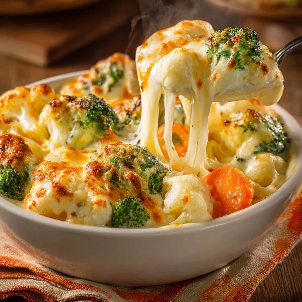 Cheesy Broccoli Cauliflower Carrot Bake Recipe - recipe image
