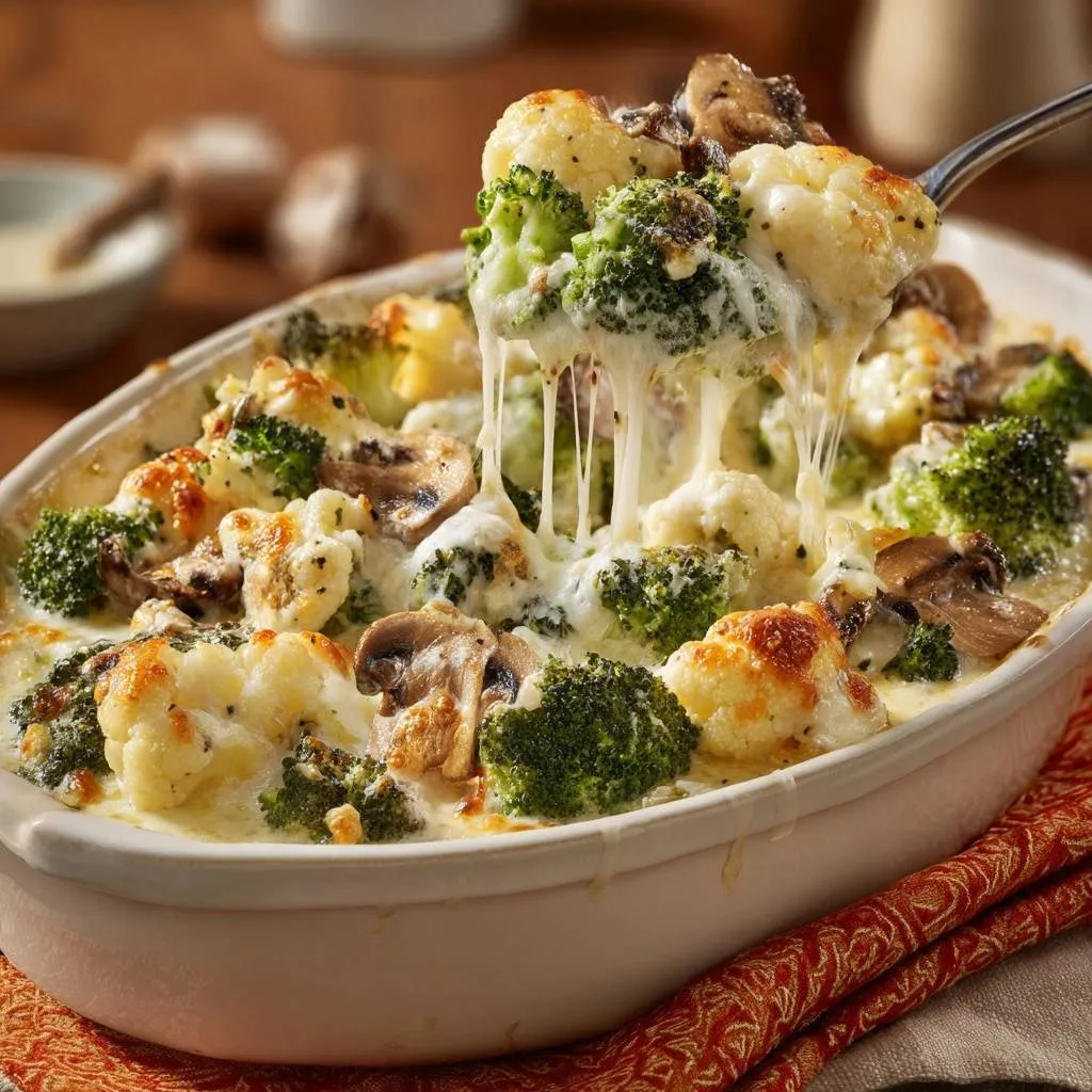 Cheesy Broccoli Cauliflower Mushroom Bake - recipe image