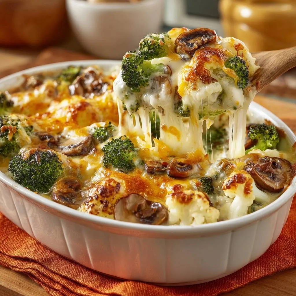 Cheesy broccoli cauliflower mushroom bake with a serving spoon lifting a portion showing melted cheese.