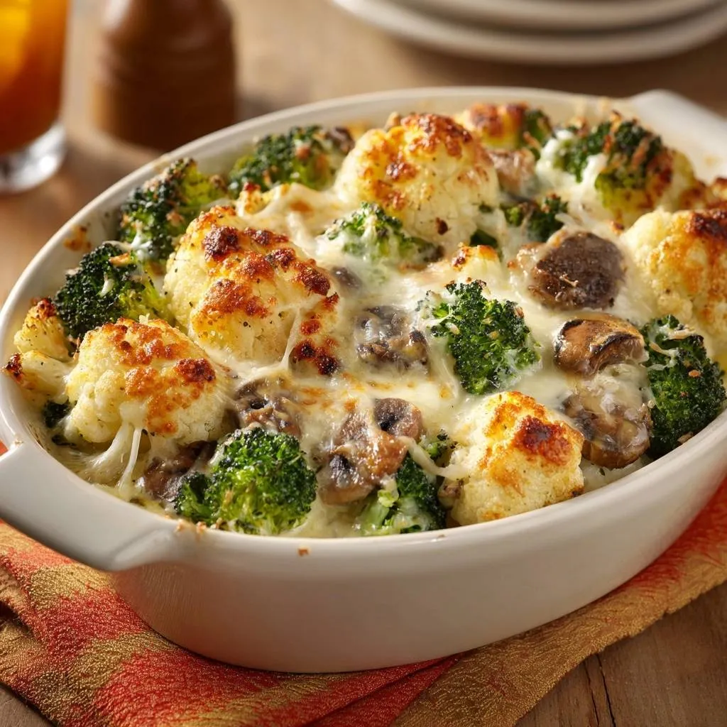 Cheesy broccoli cauliflower mushroom bake shown bubbling and golden brown in a white baking dish.