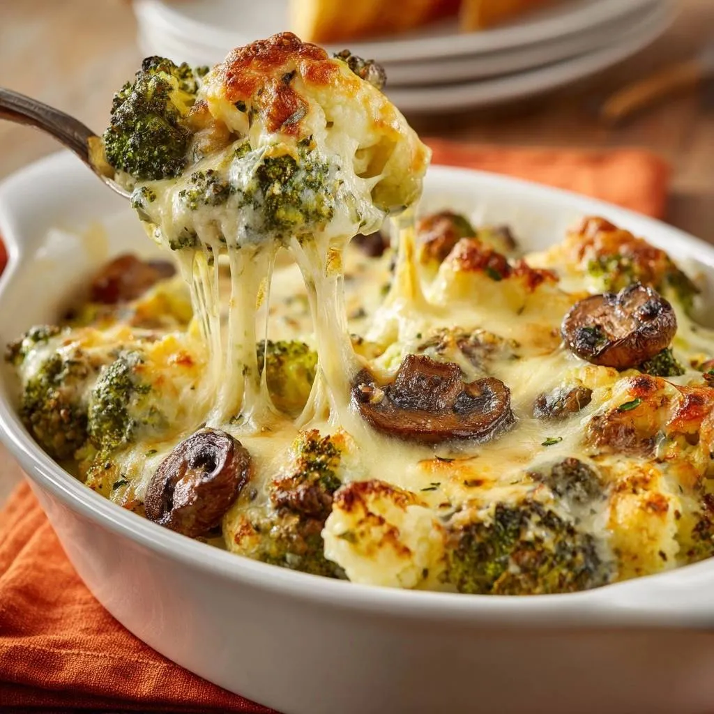 Cheesy broccoli cauliflower mushroom bake with a gooey cheese pull captured on a spoon.