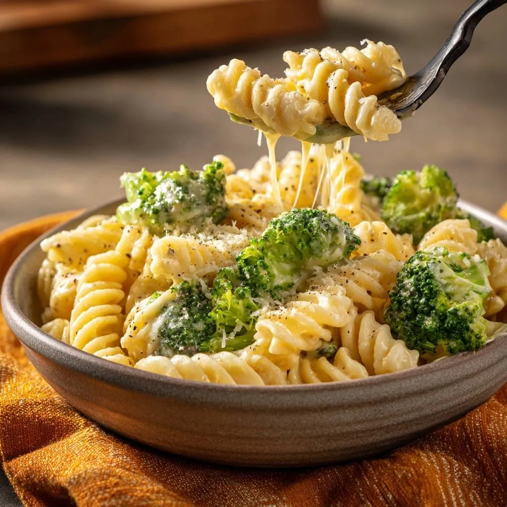 Cheesy broccoli fusilli with a silky smooth sauce, captured in a close-up shot of a fork lifting a swirl of pasta.