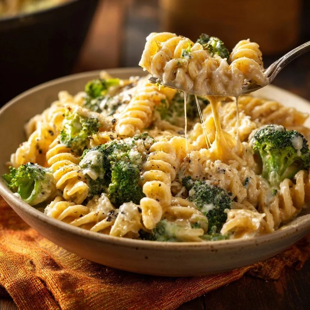 Cheesy broccoli fusilli with silky smooth sauce shown on a fork with a cheese pull.