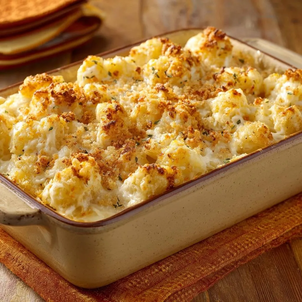 Cheesy cauliflower bake with crisp florets and a golden breadcrumb topping shown in a baking dish.