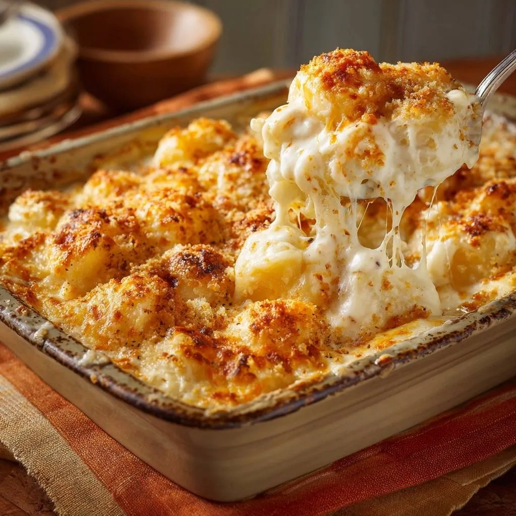 Cheesy cauliflower bake with crisp florets, a serving being lifted to show gooey cheese strings.