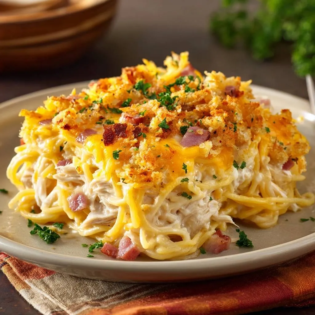 Cheesy chicken bacon spaghetti casserole served as a plated portion with a golden breadcrumb topping and fresh parsley garnish.