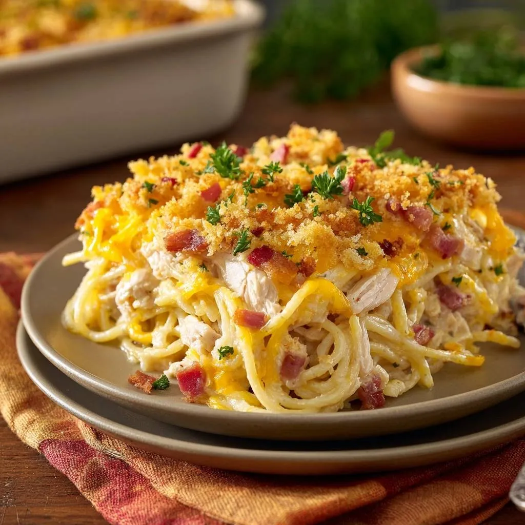 Cheesy chicken bacon spaghetti casserole served on a plate, showing the layered pasta, chicken, and crispy topping.