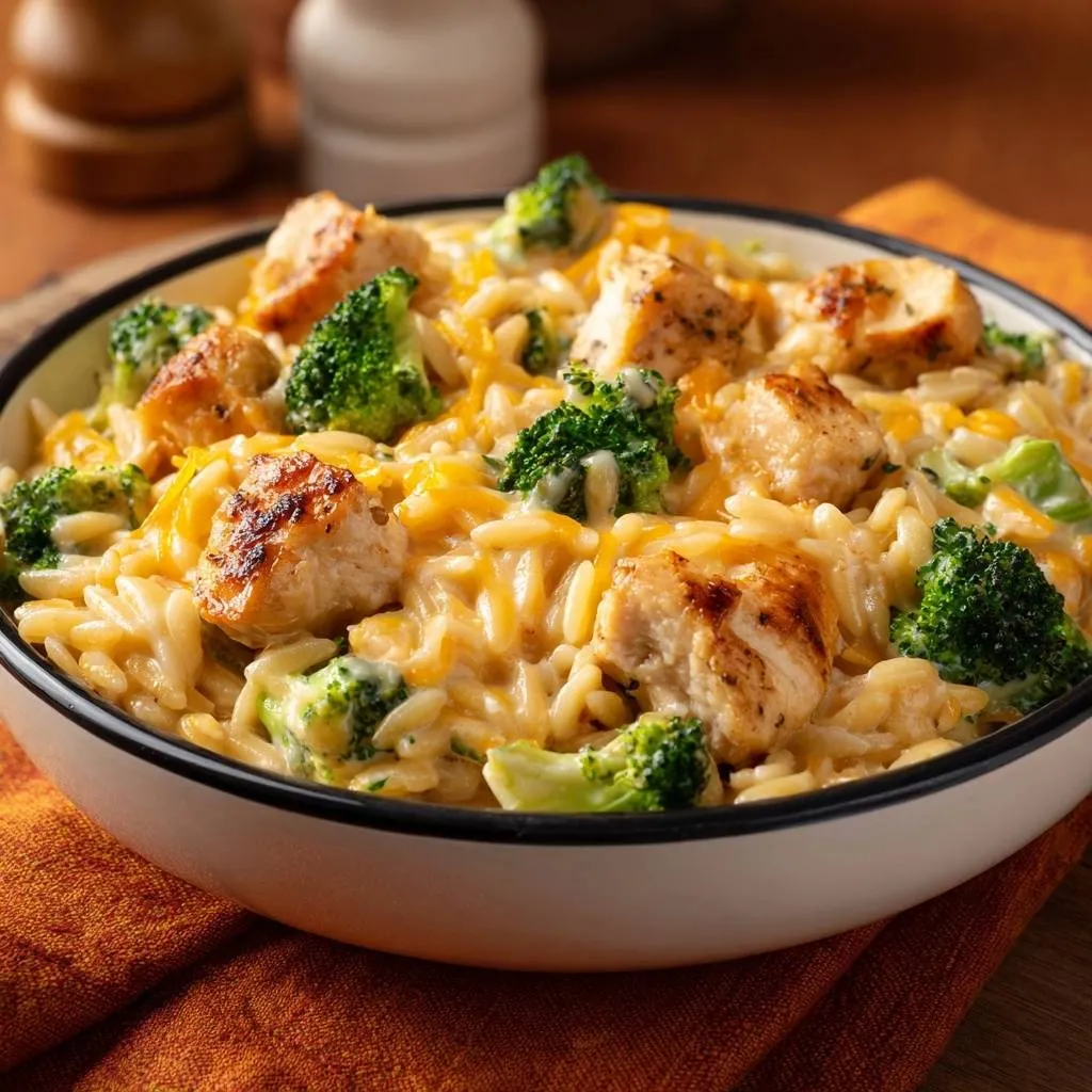 Cheesy chicken broccoli orzo served in a white bowl, showcasing tender chicken, vibrant broccoli, and creamy orzo pasta.
