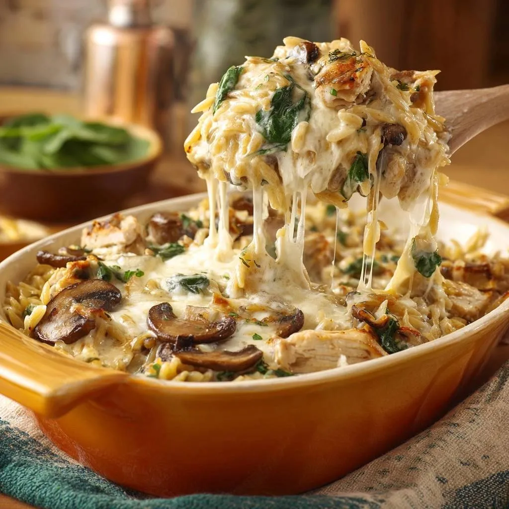 Cheesy chicken mushroom spinach orzo bake with melted cheese stretching from a wooden spoon.