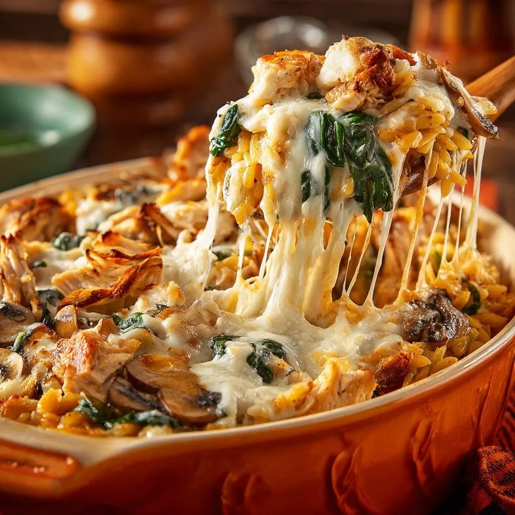 Cheesy chicken mushroom spinach orzo bake with a generous serving being lifted, showcasing a gooey cheese pull.
