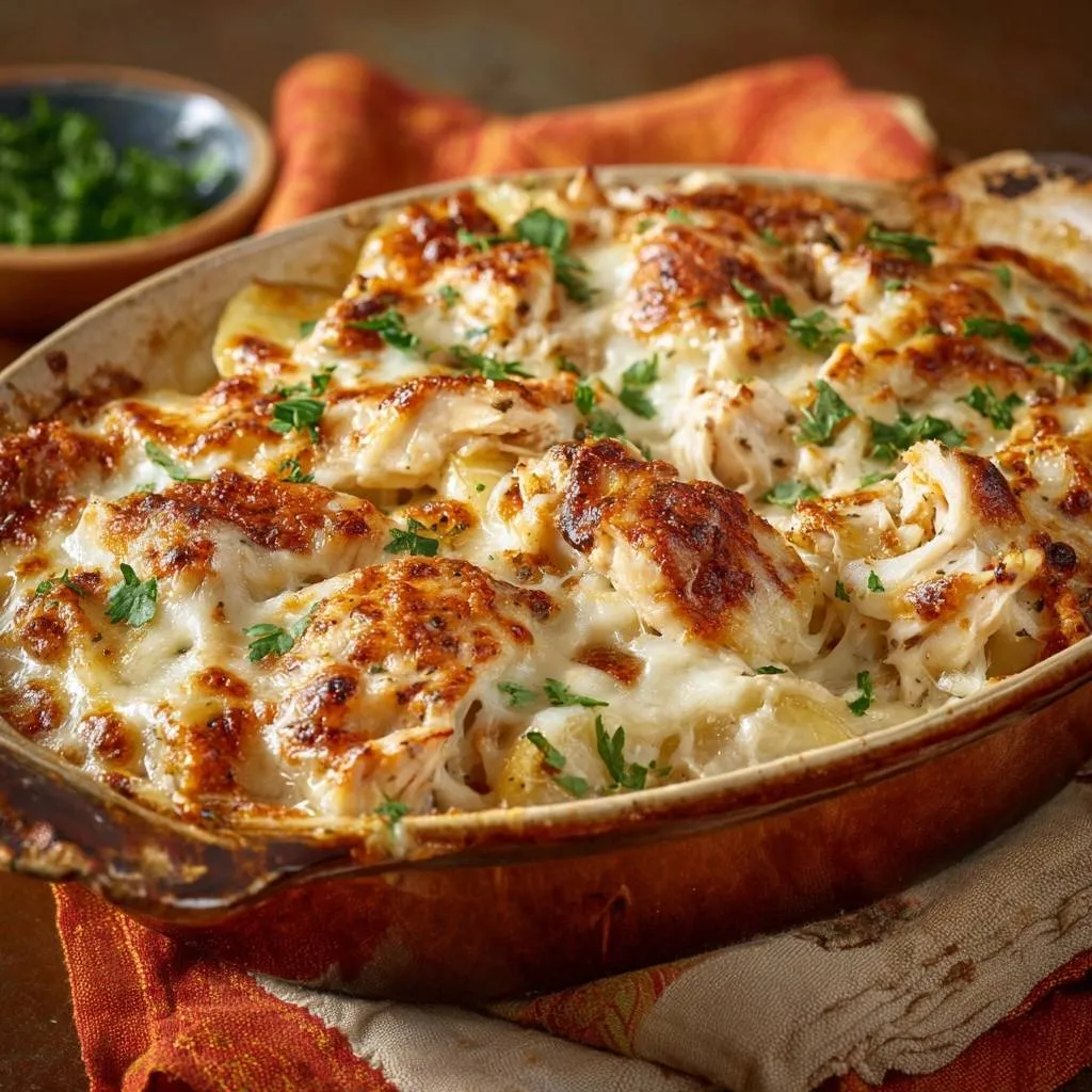 Cheesy chicken potato casserole with golden-brown bubbly cheese and fresh parsley garnish in a rustic baking dish.