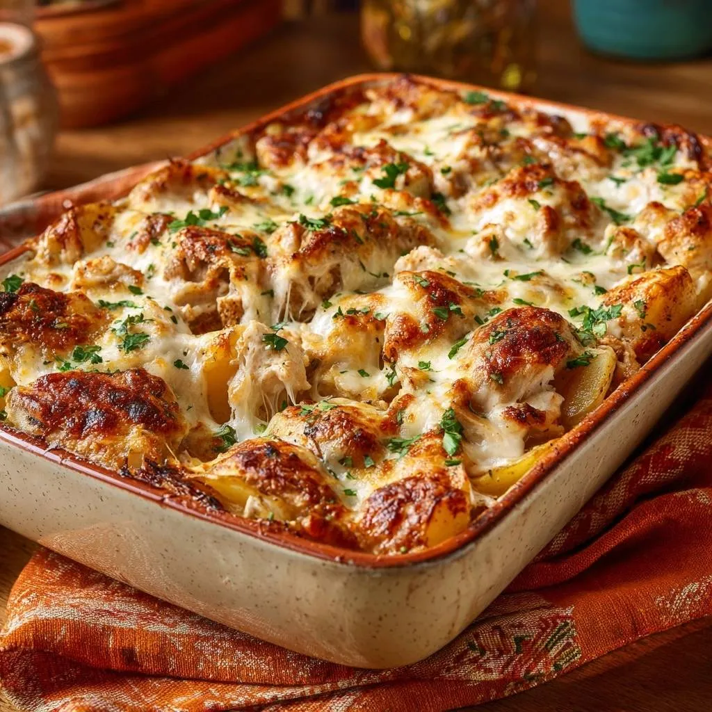 Cheesy chicken potato casserole with a golden baked top, glistening with melted cheese and fresh parsley.